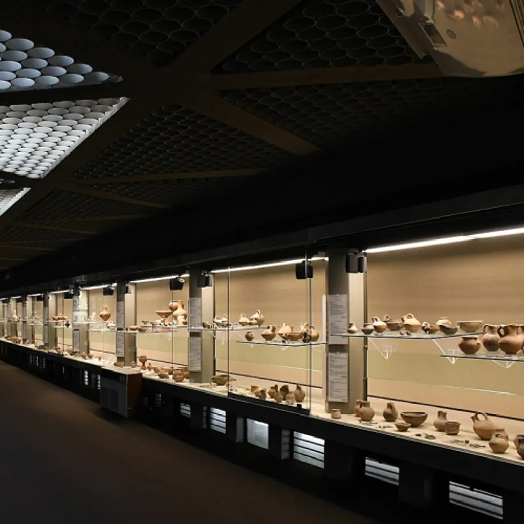 The image effectively captures a museum exhibit hall, showcasing numerous artifacts in display cases. The composition provides a good sense of the long hall, and the key elements, the artifacts, are well-lit and in focus. The image is sharp and photo-realistic. However, the overall lighting in the hall is uneven, with significant dark areas on the floor and ceiling outside of the display case illumination, which slightly detracts from the image's overall brightness and detail in those regions.