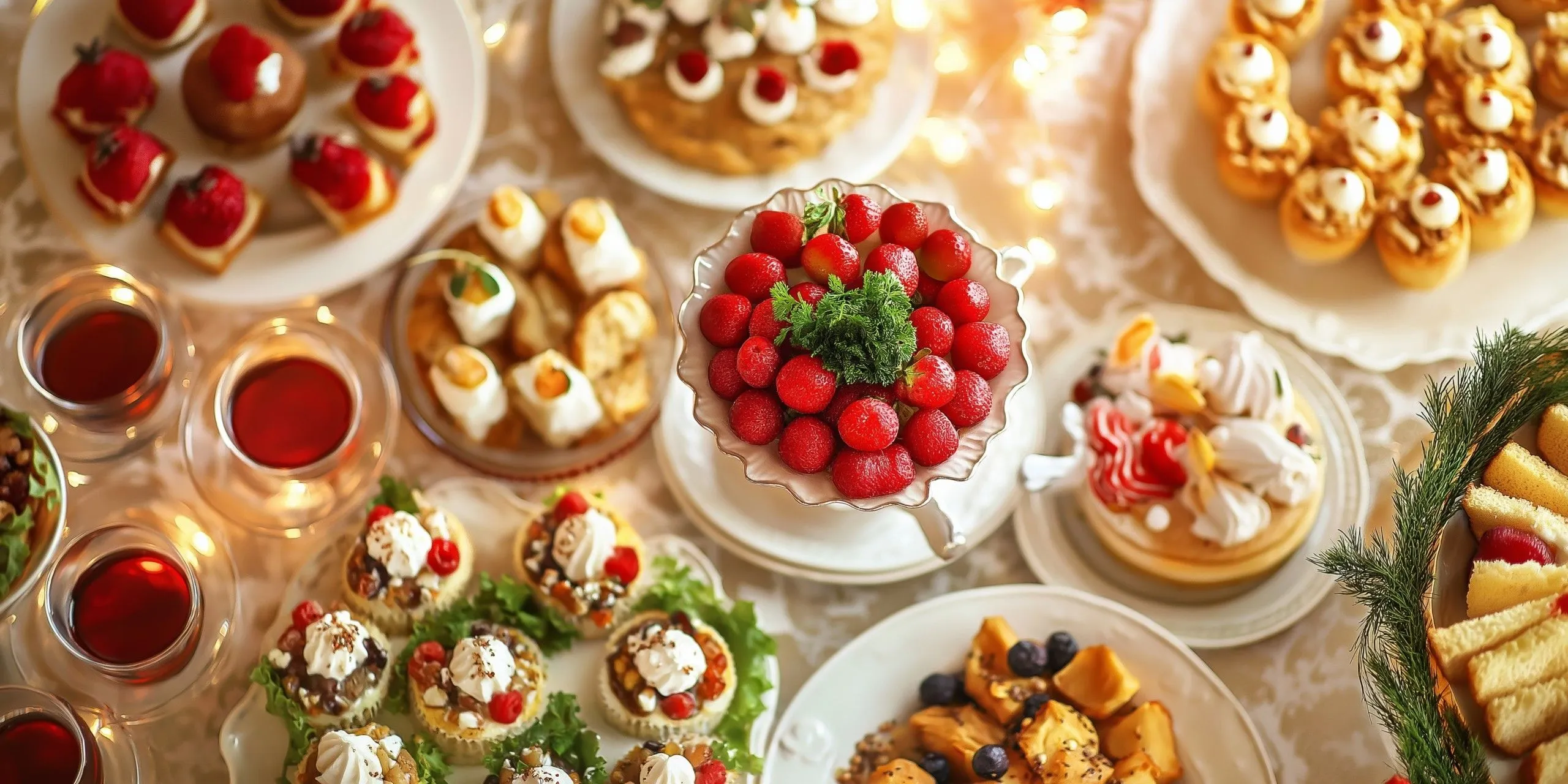 An inviting close-up shot of a festive table laden with various desserts and small bites, featuring a prominent bowl of fresh strawberries in the foreground. The warm lighting and shallow depth of field create an appealing atmosphere.