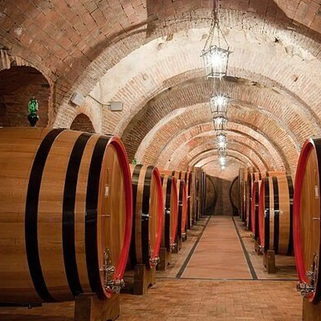 An interior view of a wine cellar with rows of large wooden barrels lining a long, arched corridor. Overhead, rustic lanterns provide warm illumination, highlighting the texture of the brick arches and the path. The composition uses strong leading lines to create depth and perspective.