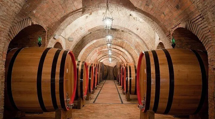 An interior view of a wine cellar with rows of large wooden barrels lining a long, arched corridor. Overhead, rustic lanterns provide warm illumination, highlighting the texture of the brick arches and the path. The composition uses strong leading lines to create depth and perspective.