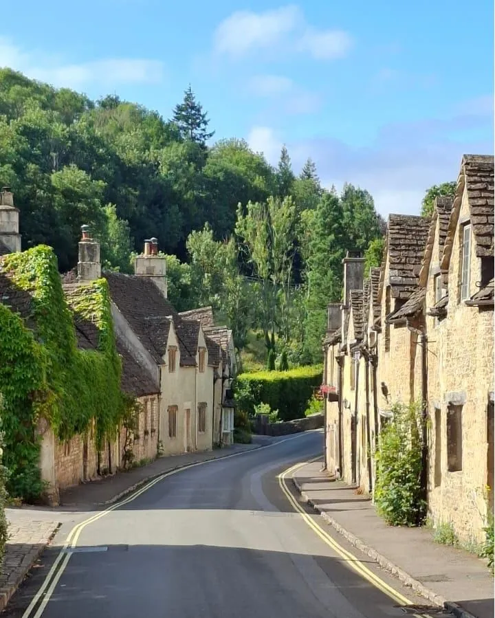 The image captures a charming, well-preserved village street lined with traditional stone houses, many adorned with green ivy. The scene is bathed in natural daylight, highlighting the architectural details and the lush green hills in the background. The road curves gently, adding depth to the composition under a clear blue sky.