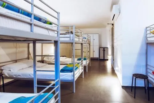 A clean and well-lit interior shot of a room in a hostel or dormitory, featuring multiple bunk beds, white walls, and lockers.