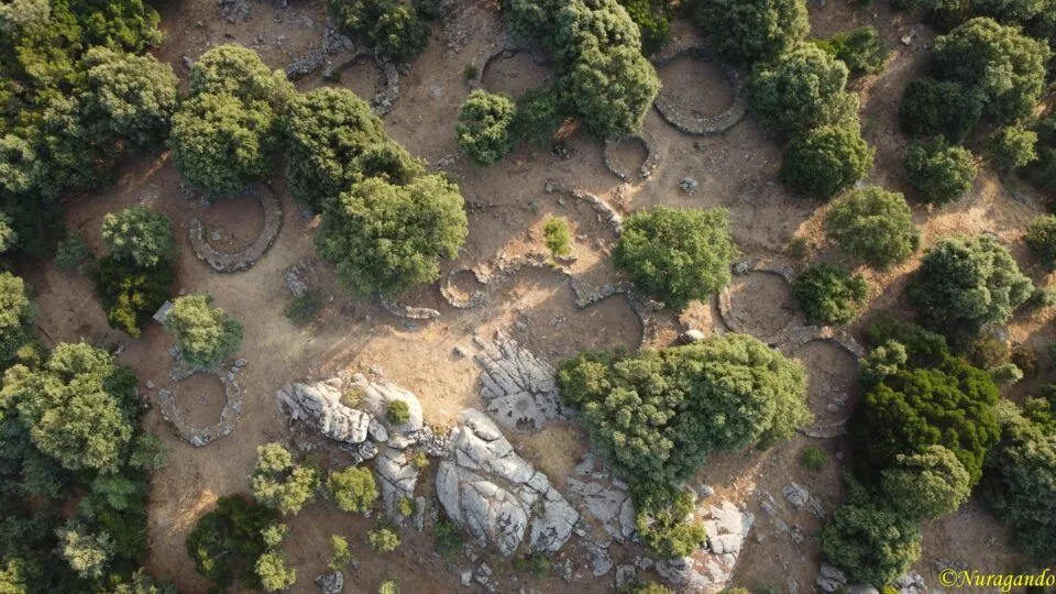An aerial photograph showcasing ancient circular stone structures, possibly ruins, nestled among scattered green trees and large grey rocks on dry, earthy terrain. The top-down perspective reveals the layout of these historical elements within the natural landscape.