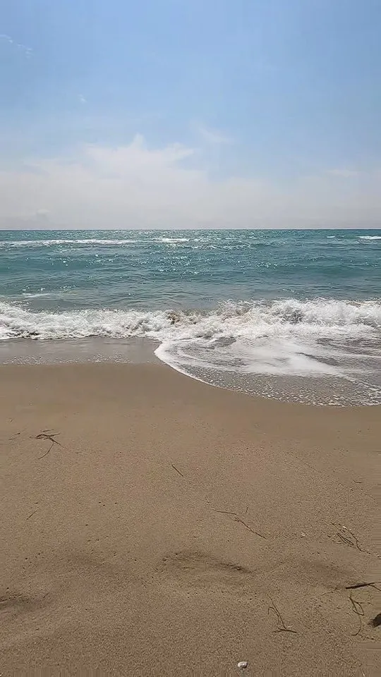 A beach scene with ocean waves washing onto the sand.