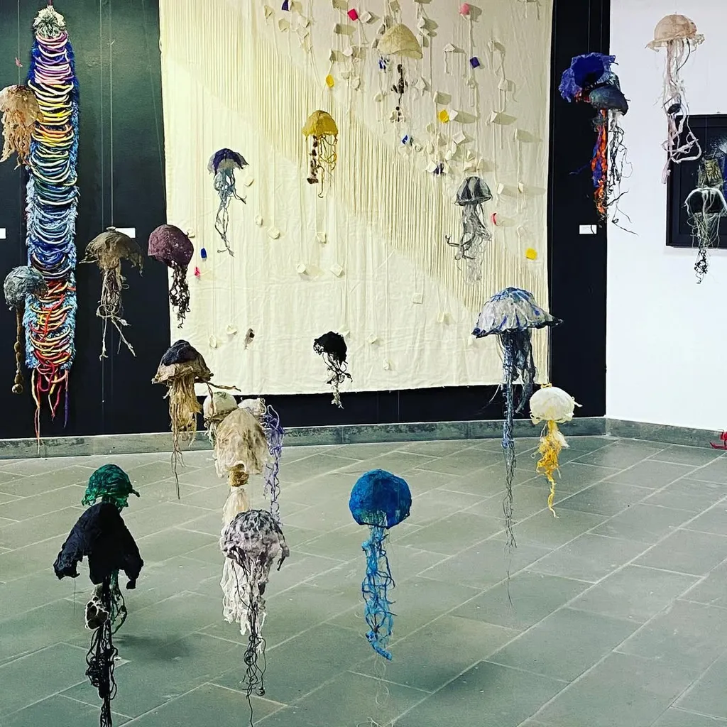 The image features an indoor art installation consisting of numerous hanging sculptures resembling jellyfish, made from various textile materials. A large, multicolored vertical woven piece is visible on the left, and a white, textured wall hanging with smaller suspended elements forms the background. The sculptures vary in color and texture, creating depth and visual interest.