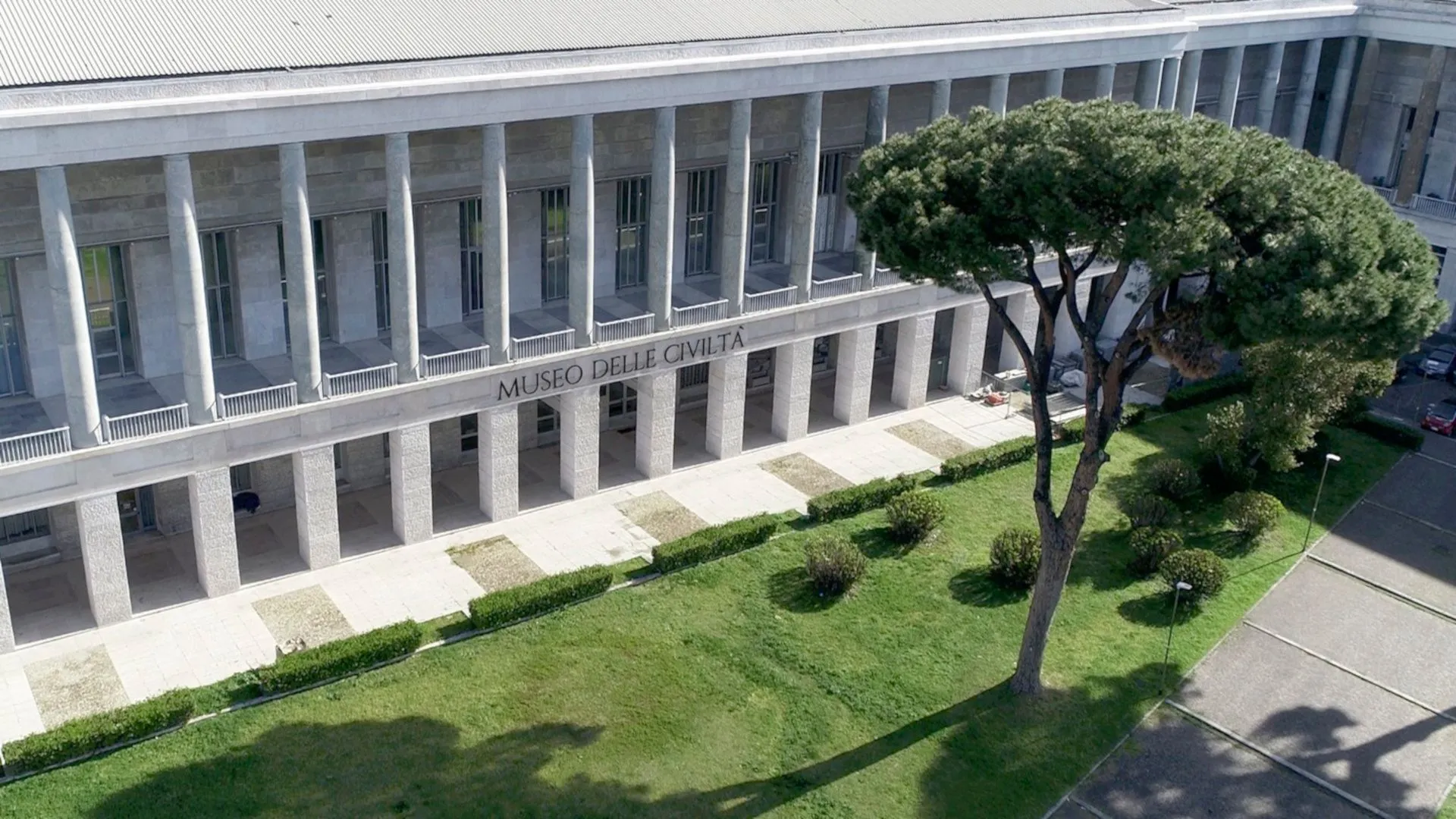 An external view of the Museo delle Civiltà building. The building features classical columns and large windows. A large tree with green foliage is prominent on the right, and green lawn with hedges is in the foreground. The sunlight creates clear shadows.