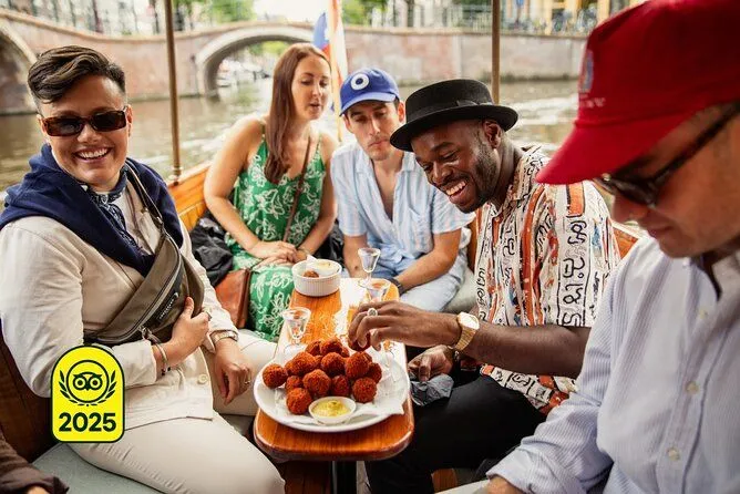 A vibrant image capturing a group of people enjoying fried snacks and drinks on a boat in a canal, showcasing a lively social dining experience.