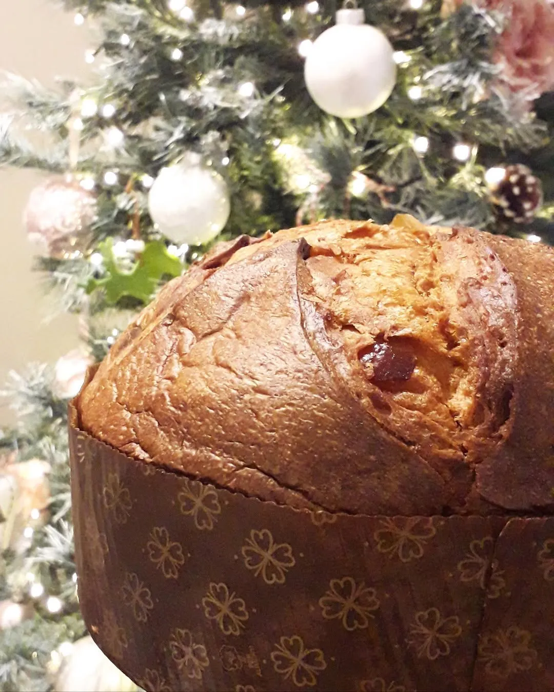 A professionally taken close-up photograph of a panettone, a traditional Italian Christmas sweet bread. The panettone is presented in its paper mold, with a festively decorated Christmas tree softly blurred in the background, providing a warm and seasonal ambiance. The image focuses on the panettone's crust and texture, highlighting its golden-brown color and the visible dried fruits within.