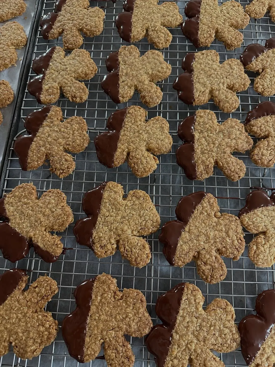 The image features a visually appealing arrangement of freshly baked, clover-shaped oatmeal cookies, partially dipped in chocolate, cooling on a wire rack. The composition effectively fills the frame, showcasing the cookies' textures and the glossy chocolate coating. The lighting is soft and even, highlighting the details without harsh shadows or reflections. Colors are accurate and natural, contributing to the photo-realistic quality of the image. The key elements, the cookies, are predominantly sharp and in focus.