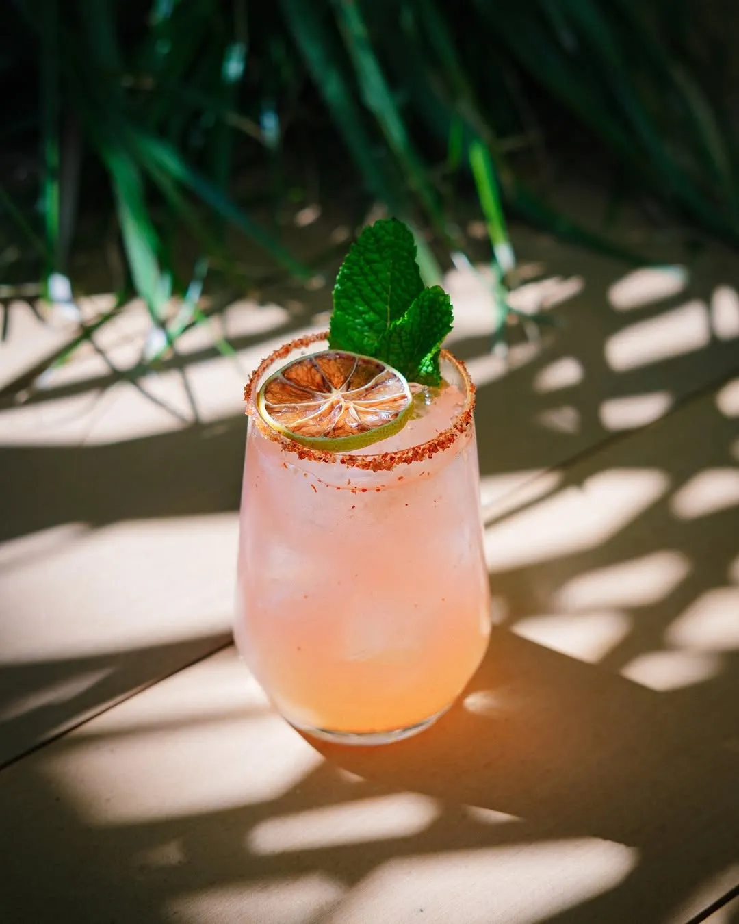 A refreshingly pink cocktail, garnished with a dried lime slice and mint sprigs, sits on a wooden surface with dappled sunlight and green foliage in the background.