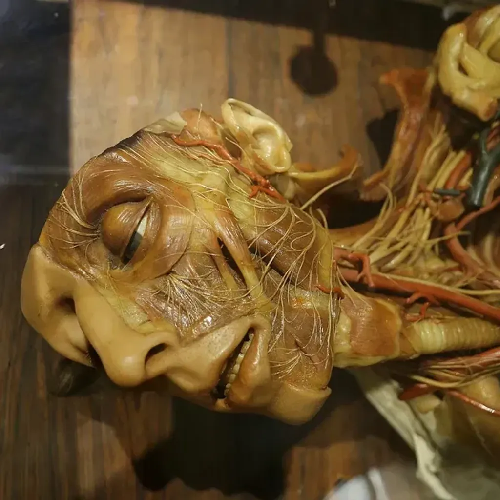 The image prominently features an anatomical model, showcasing intricate details of human nerves, muscles, and vessels. The model appears to be of the head and upper torso, presented in a realistic and detailed manner.