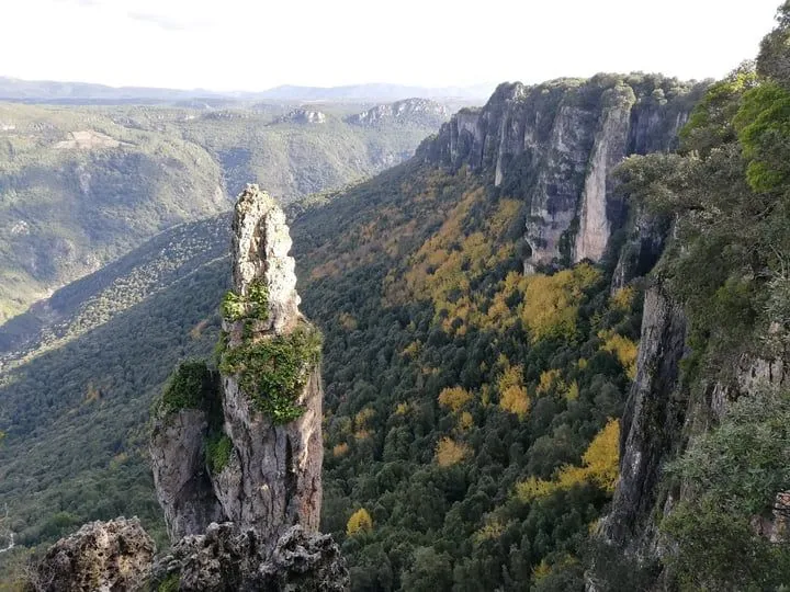 A majestic landscape photograph featuring a prominent, towering rock formation in the foreground, overlooking a vast, verdant valley. The valley floor is covered in dense forest, with patches of trees displaying autumnal yellow foliage, and is flanked by steep, rugged cliffs.