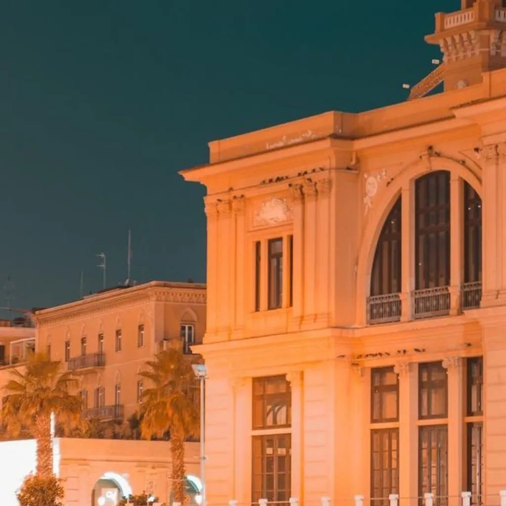The image captures a detailed close-up of an ornate building facade, likely at dusk or night, illuminated by warm artificial light set against a deep blue sky.