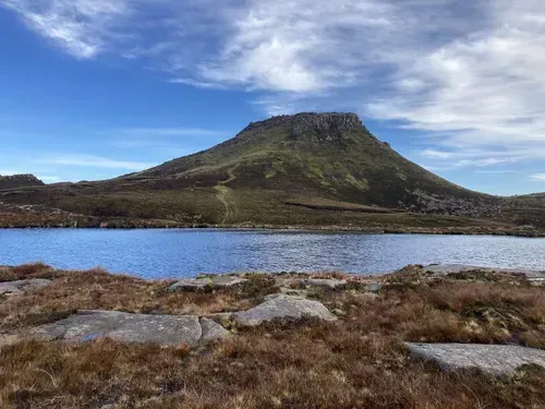 An editorial quality image depicting a mountain and a lake under a clear sky. The image features natural colors and appears sharp and well-lit.