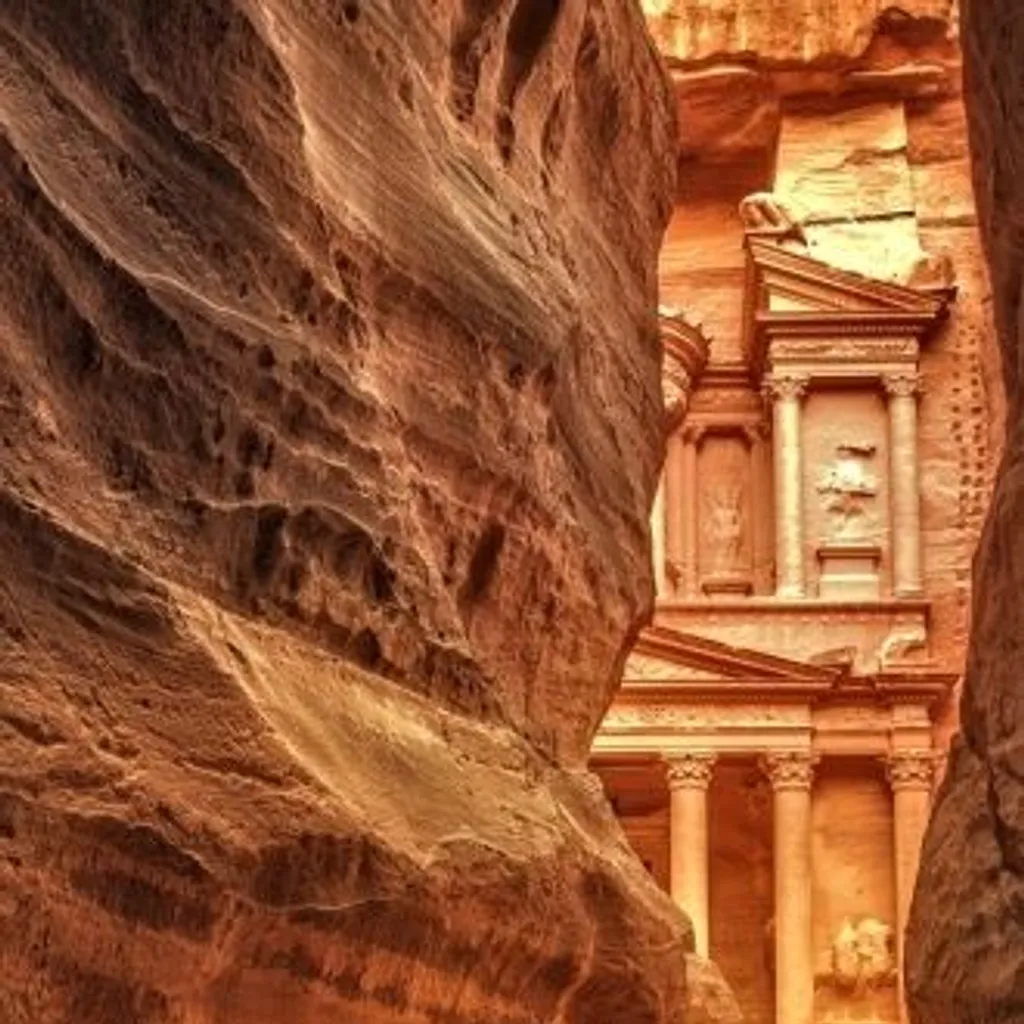 An iconic view of Al-Khazneh (The Treasury) in Petra, Jordan, seen through the narrow Siq canyon. The ancient rock-cut facade is framed by the natural sandstone walls, showcasing its intricate details and the warm, earthy tones of the surrounding landscape.