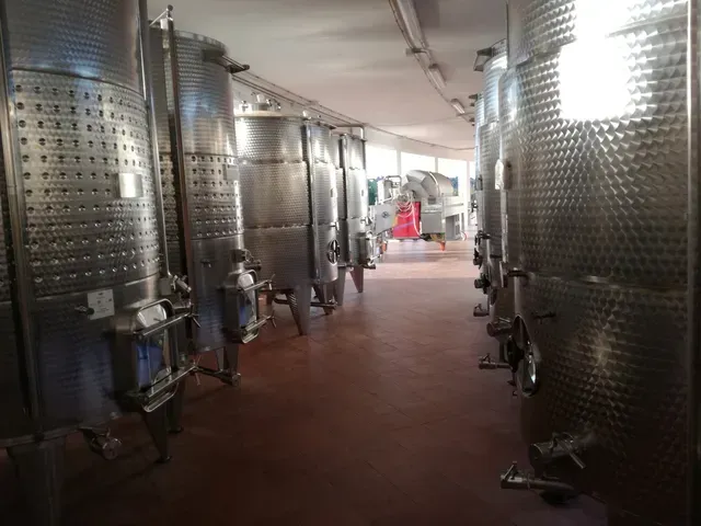 A long room filled with rows of large stainless steel fermentation tanks, suggesting a winery or beverage production facility.