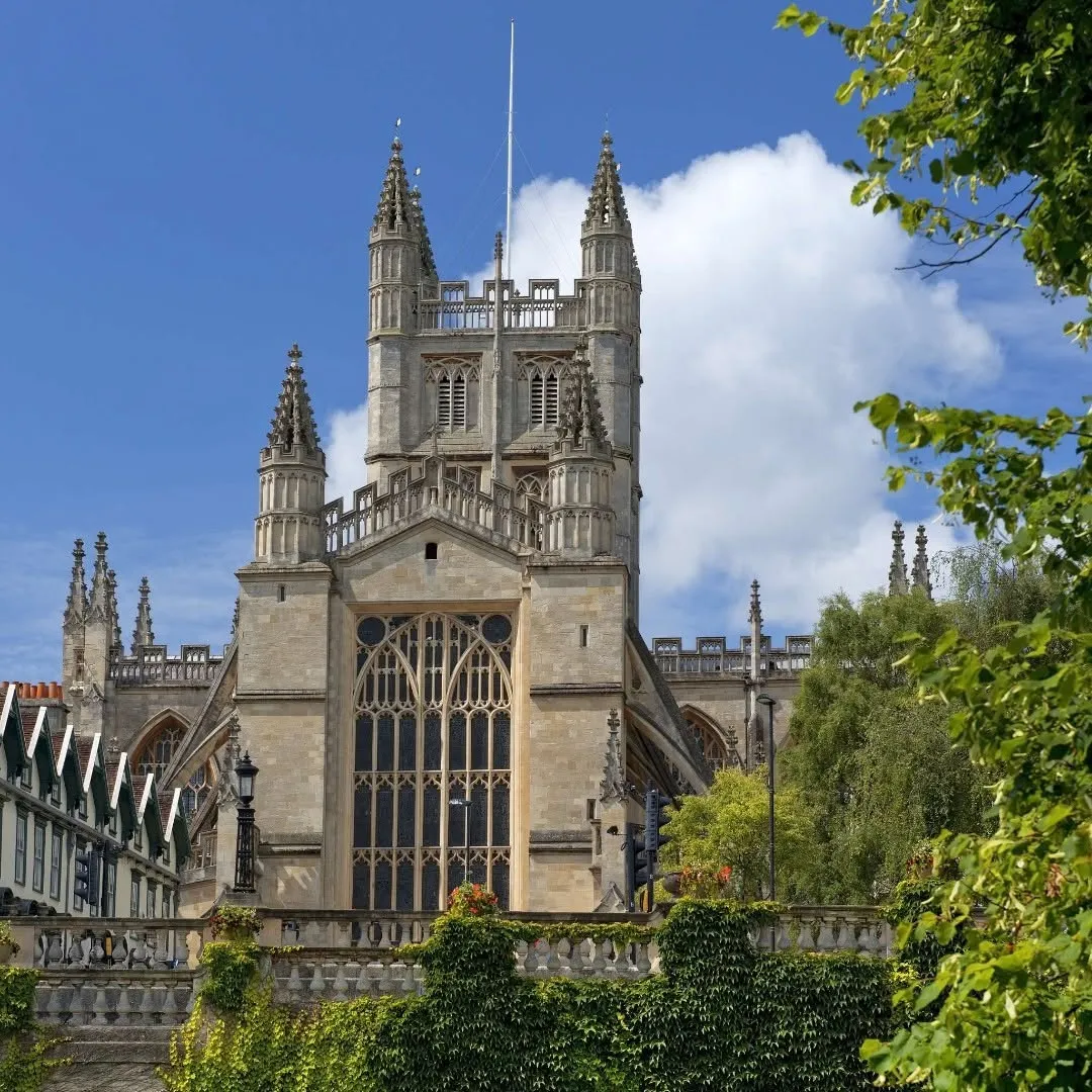 A striking photograph of a historic stone cathedral under a clear blue sky with some clouds, framed by green trees and foreground foliage. The intricate architectural details of the building are sharply rendered.