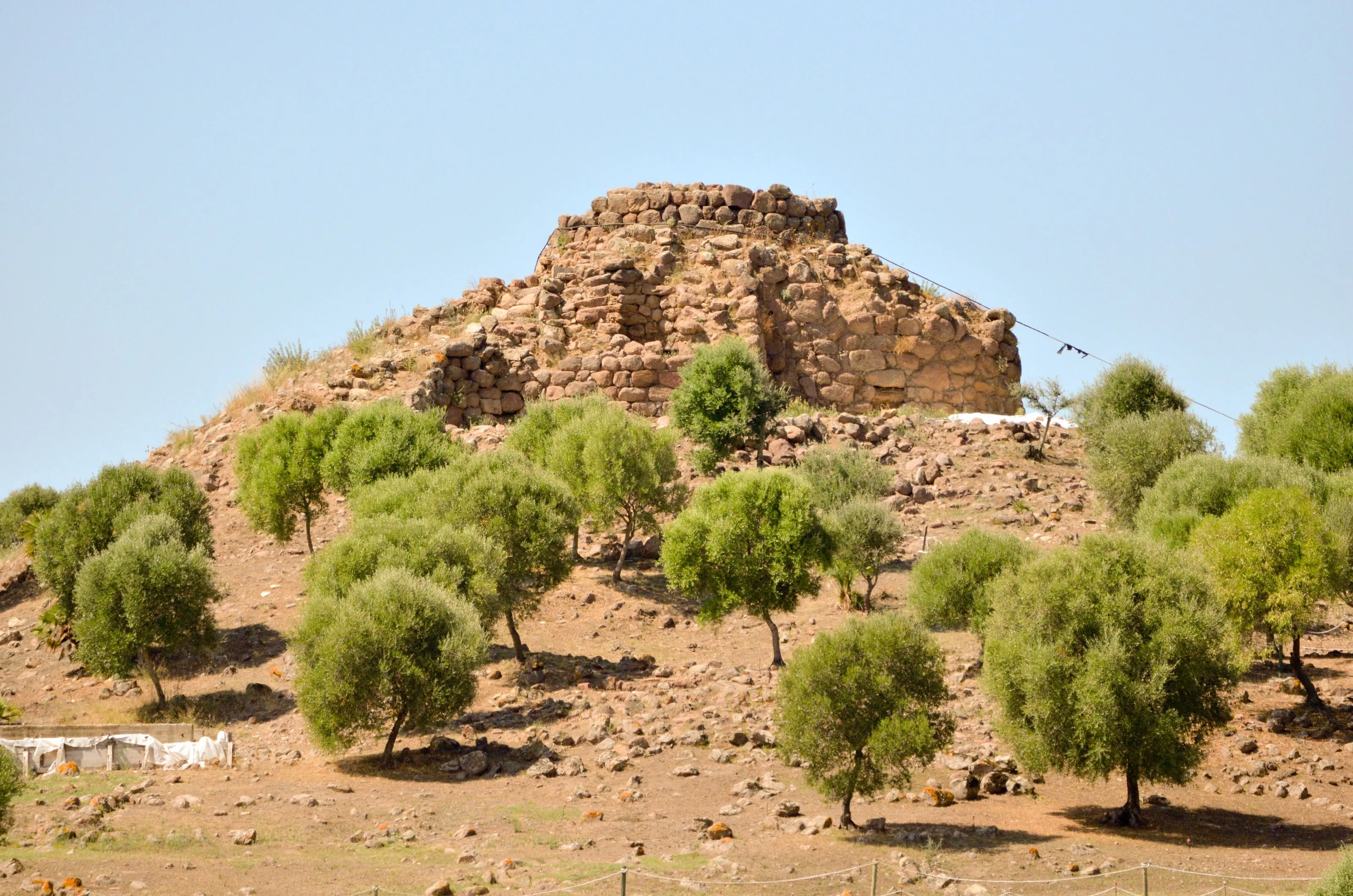 An ancient stone structure, likely a Nuraghe, sits atop a rocky, arid hill sparsely covered with small, green trees under a clear, bright sky.