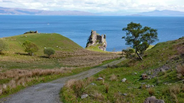 A scenic photograph capturing ancient castle ruins on a rocky outcrop beside a large body of water, likely the sea or a loch, under a partly cloudy sky. A dirt path winds through the grassy foreground, leading towards the historical site. The distant shoreline and hills are visible across the water.