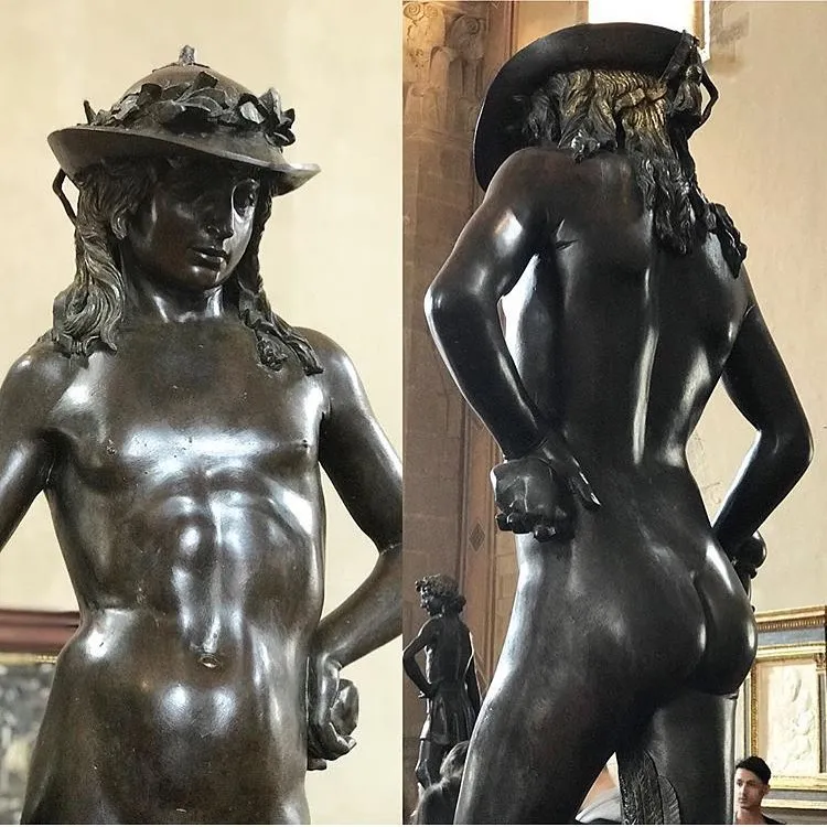 A two-panel image displaying the front and back views of a bronze statue, likely depicting a classical or mythological figure, situated within a museum setting.