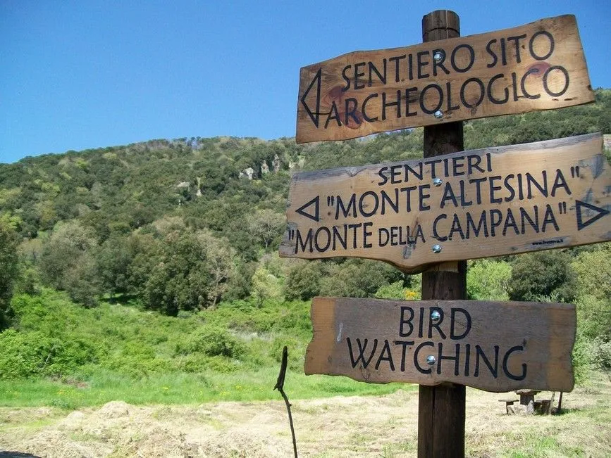 A wooden signpost stands on a hiking trail, featuring directional signs in Italian and English, including 'Bird Watching'. The background consists of lush green hills and a clear blue sky.
