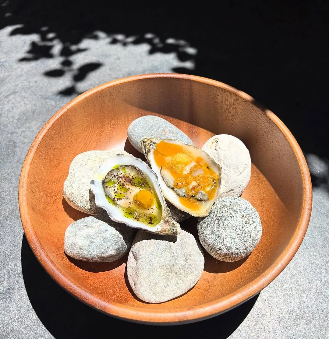 A professionally taken close-up image featuring two gourmet oysters, one adorned with green oil and the other with an orange sauce, presented artfully on natural stones inside a wooden bowl. The image captures the fresh and appetizing appearance of the dish.