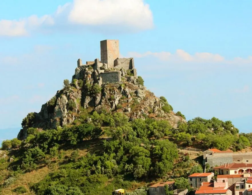 The image is a high-quality photograph showcasing a castle ruin atop a rocky, tree-covered hill. The composition is strong, placing the castle as the dominant focal point, complemented by the surrounding landscape and distant buildings. Natural daylight provides excellent illumination, ensuring all elements are well-lit and vibrant. The image is sharp, with clear details visible in the castle stonework, rocks, and foliage. Colors appear accurate and natural, contributing to the overall photo-realistic quality. All key elements, especially the castle, are in crisp focus.