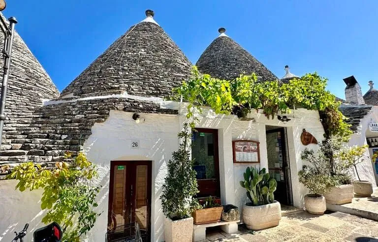 An editorial style image showcasing the unique conical-roofed Trulli houses, characteristic of Puglia, Italy. The image is well-composed, highlighting the architectural details and local flora under a clear blue sky.