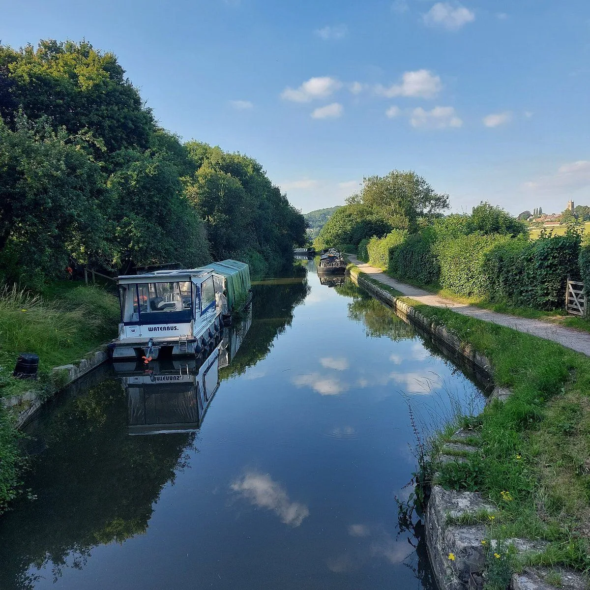 The image features a picturesque canal scene with lush greenery on both banks and a clear blue sky with scattered clouds reflected in the calm water. A waterbus is docked on the left, and another boat is visible further down the canal. The composition is well-balanced, and the lighting is natural and even, highlighting the vibrant colors of the foliage and water. The image is sharp and photo-realistic, with all key elements in focus.