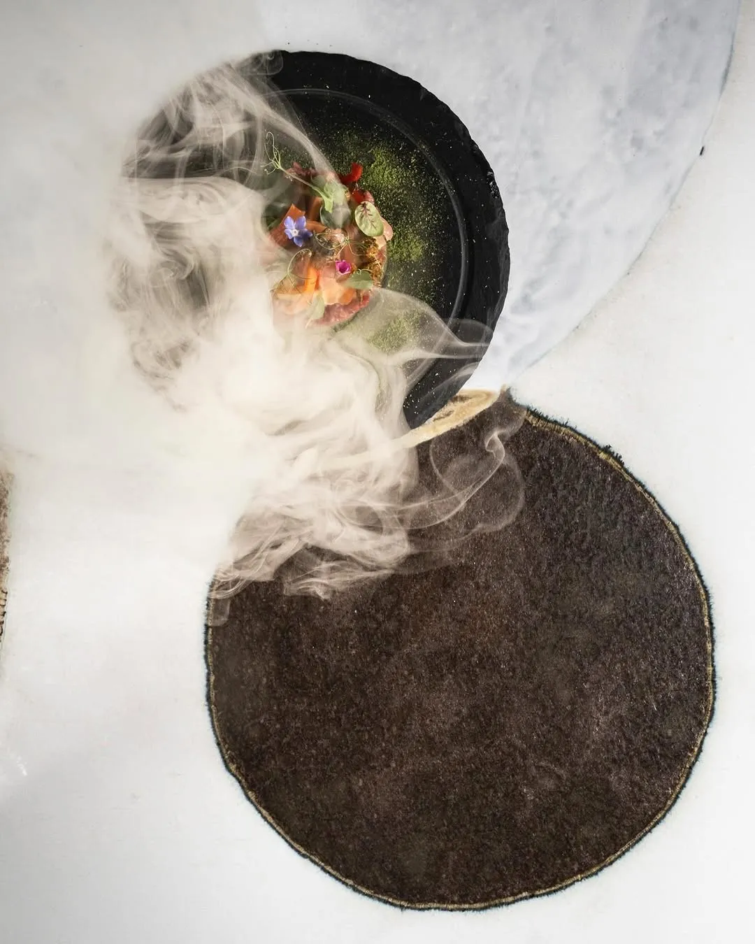 The image is a professional overhead shot of a gourmet dish, possibly a tartare, artfully arranged with colorful garnishes on a dark plate, accompanied by a dramatic smoke effect. The composition utilizes white and dark circular elements in the background, adding to its artistic presentation.