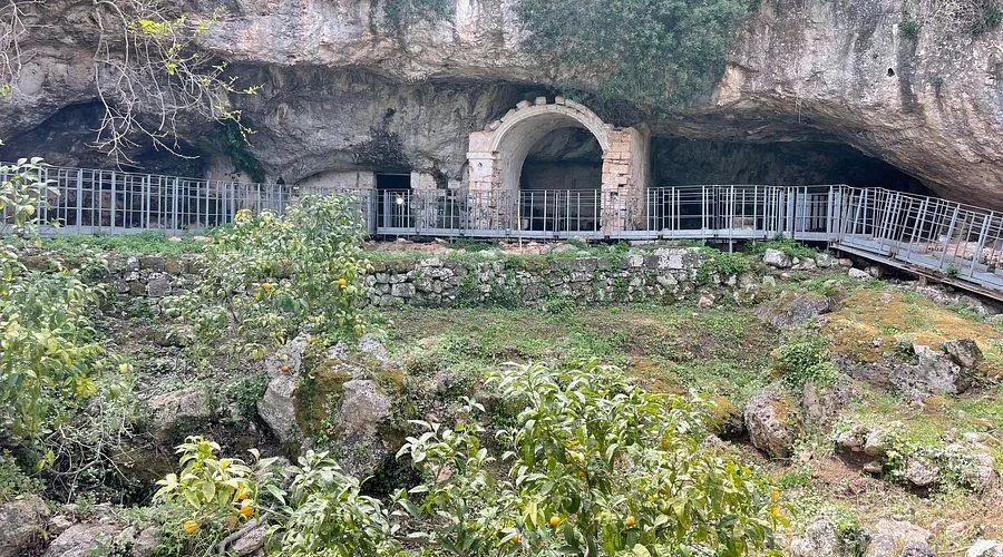 An image capturing an ancient stone structure nestled into a large rock face or cave, featuring an arched opening and a modern metal walkway with railings. The foreground is filled with natural vegetation, including green bushes and trees with small yellow fruits, and scattered rocks, all under natural, diffused lighting.
