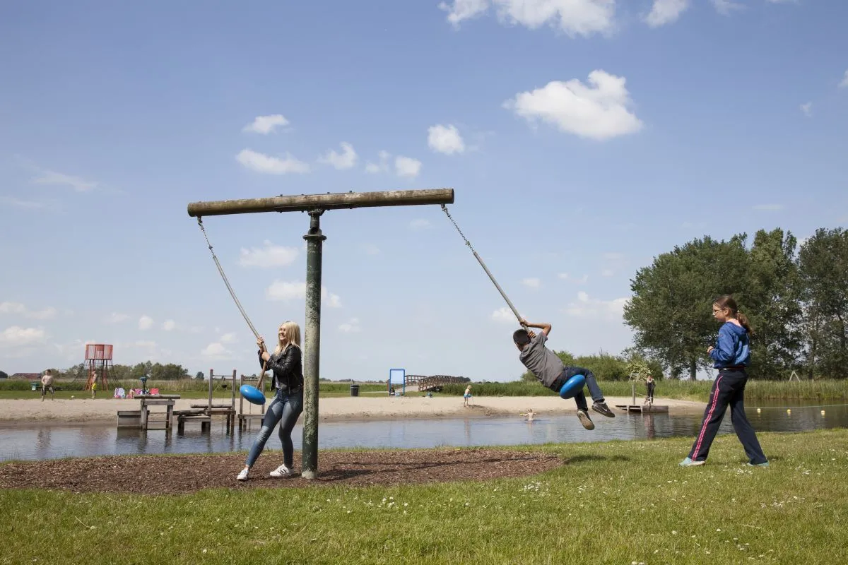 An outdoor scene featuring two individuals engaged in recreational activity on a swing or zip line, with a body of water and beach in the background.