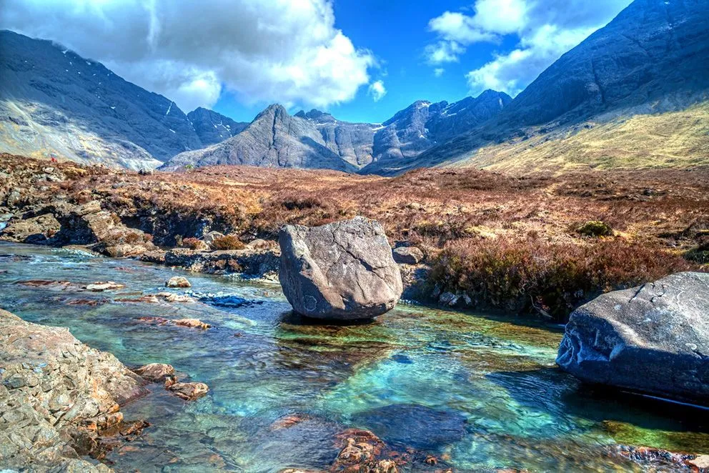 A wide shot of a clear, flowing river with a large boulder in its midst, surrounded by rocky, sparse terrain. Majestic mountains rise in the background under a partly cloudy blue sky.