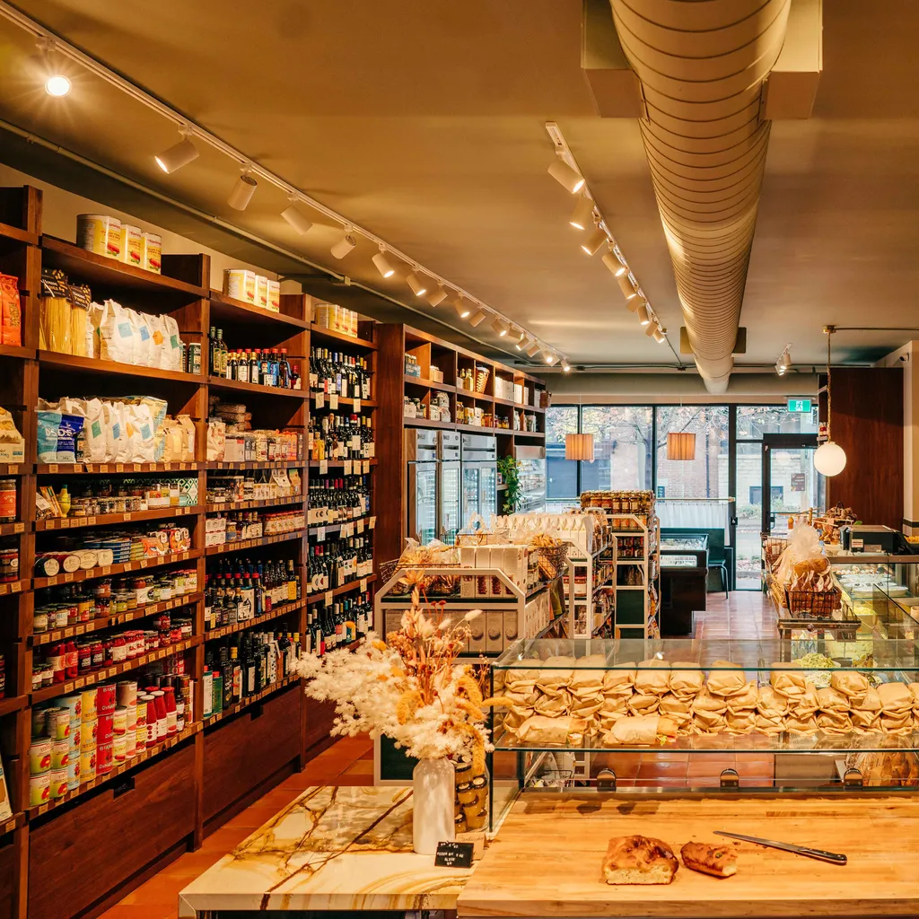 An inviting and well-captured interior view of a deli or bakery, showcasing a variety of food products on display.