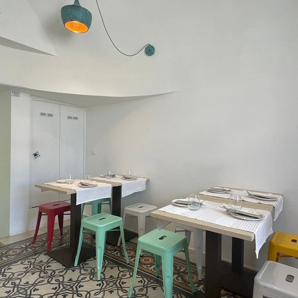 An interior shot of an empty restaurant dining area, featuring multiple tables set with place settings and colorful stools. The room has a white ceiling and walls, with a distinct patterned floor.