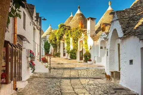 A picturesque street scene in a historic Italian town, featuring traditional white conical-roofed houses (trulli) under a clear blue sky, with cobblestone paths and green ivy covering some facades.