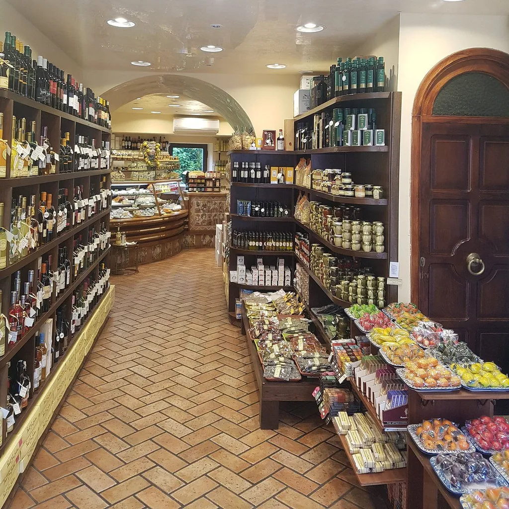 The image is generally sharp and photo-realistic, with most key elements in focus, offering a clear view of the store's interior and merchandise. The colors appear accurate. However, the lighting is a bit uneven, creating some bright spots on the ceiling and slight shadowing within the shelves. The composition is functional but lacks a strong artistic flair.
