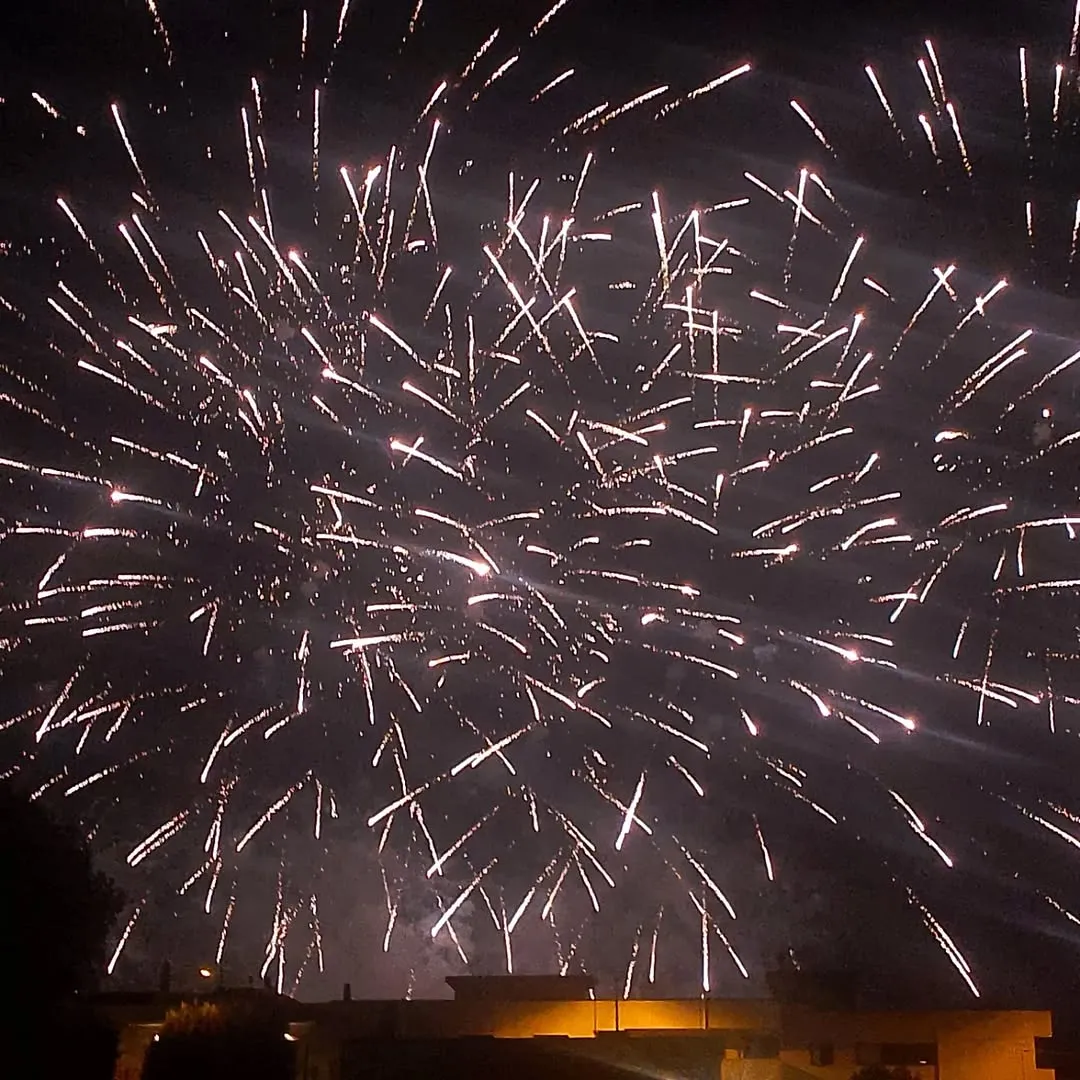 A dynamic shot of fireworks exploding in a dark night sky, with a hint of structures at the bottom providing a sense of scale.