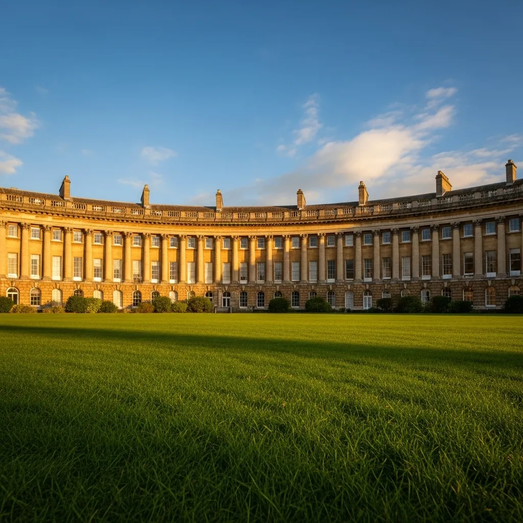 The Royal Crescent’s single façade spans roughly 500 feet and is carried by 114 engaged Ionic columns; behind it sit 30 individual houses built between 1767 and 1775 by John Wood the Younger.