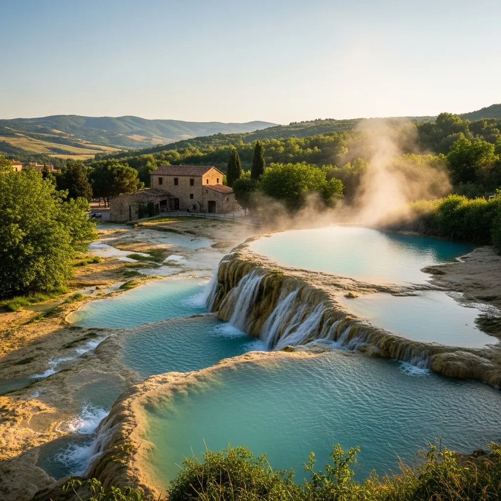 At Saturnia’s Cascate del Mulino, sulfur springs flow year‑round at 37.5 °C (99.5 °F), feeding free natural pools beside the old mill. citeturn0search5