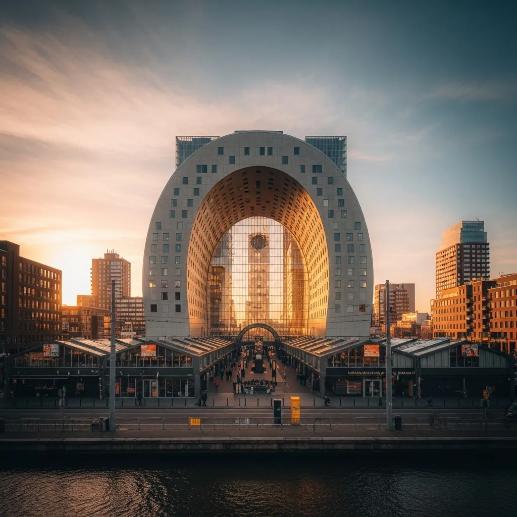 Across from Blaak, Markthal opened on 1 October 2014 as the Netherlands’ first covered food market, bringing 96 fresh‑food stalls together under one roof.