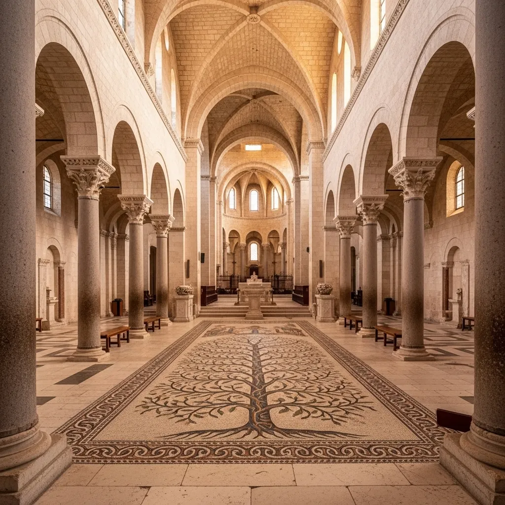 Inside Otranto’s cathedral, Italy’s only complete Norman‑era mosaic floor—laid by the monk Pantaleone in 1163–1165—unfurls a Tree of Life across the nave and aisles.