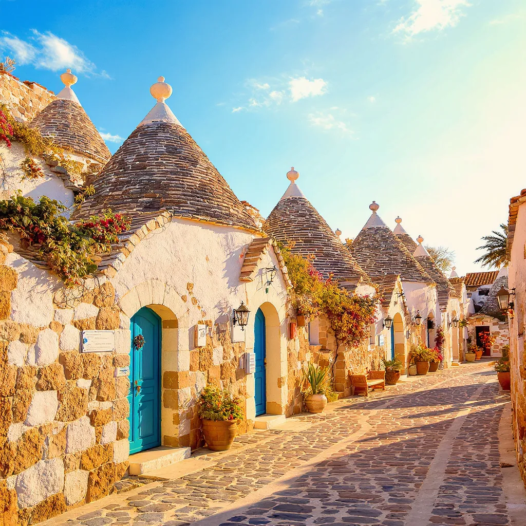 Alberobello’s trulli are UNESCO‑listed for their mortarless dry‑stone construction—conical‑roofed limestone dwellings specific to the Itria Valley in Puglia.