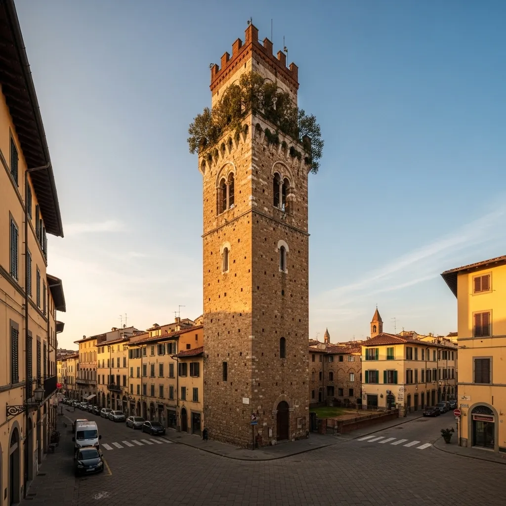 Torre Guinigi rises 44.25 meters; climb 230 steps to reach its rooftop garden of holm oaks—a rare medieval skyline signature you can stand beneath.