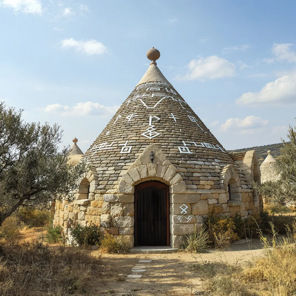 Trulli are built without mortar; their roofs are double‑skinned—an inner stone dome capped by an outer cone of corbelled limestone slabs (chianche/chiancarelle)—often painted with white‑ash symbols and finished with a protective pinnacle, with rainwater channelled to a cistern below.