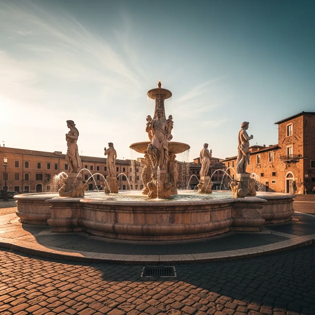 The Rosello Fountain was built by Genoese craftsmen between 1603 and 1606; its twelve spouts and four seasonal statues allegorise the passage of time, and the only original statue is preserved at Palazzo di Città.