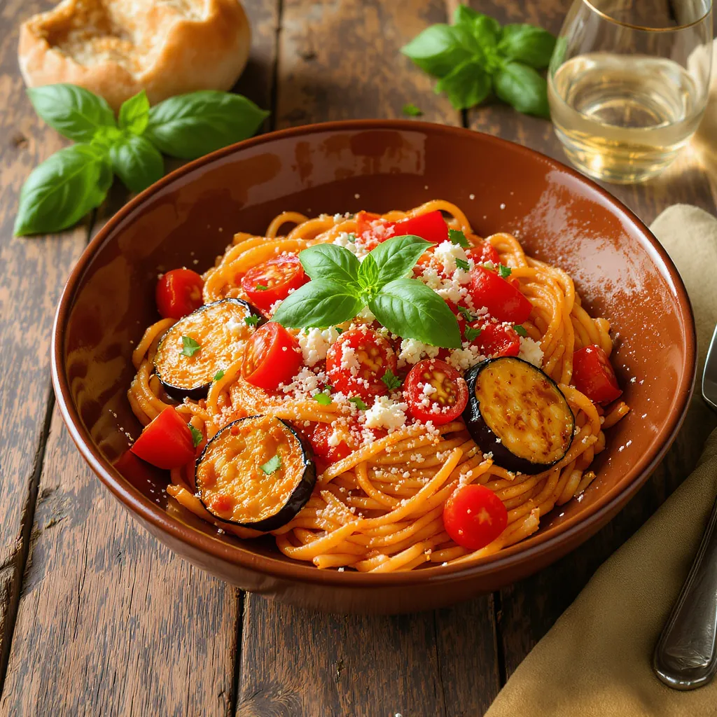 Pasta alla Norma is a Catania dish of fried eggplant, tomato, basil and ricotta salata; tradition credits its name to playwright Nino Martoglio, who likened it to Bellini’s opera.