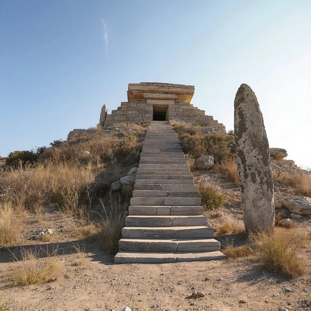 Monte d’Accoddi’s stepped altar, unique in Europe, was built in two phases (around 3000 BC and 2700 BC) and is approached by a ramp over 40 metres long beside a 4‑metre menhir.