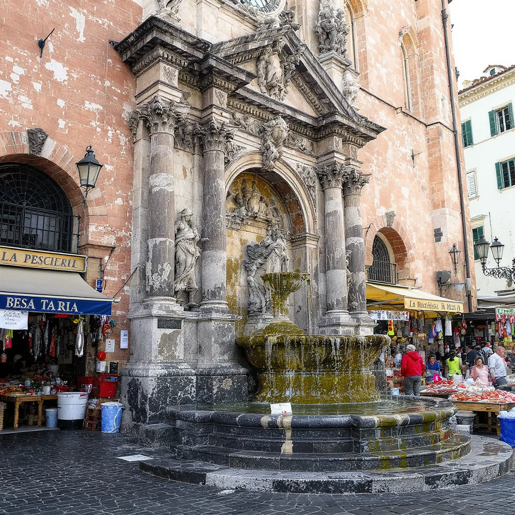 At Piazza del Duomo, the 1867 Amenano Fountain marks the entrance to La Pescheria; a short lava‑stone stair drops from the fountain straight into the fish market.