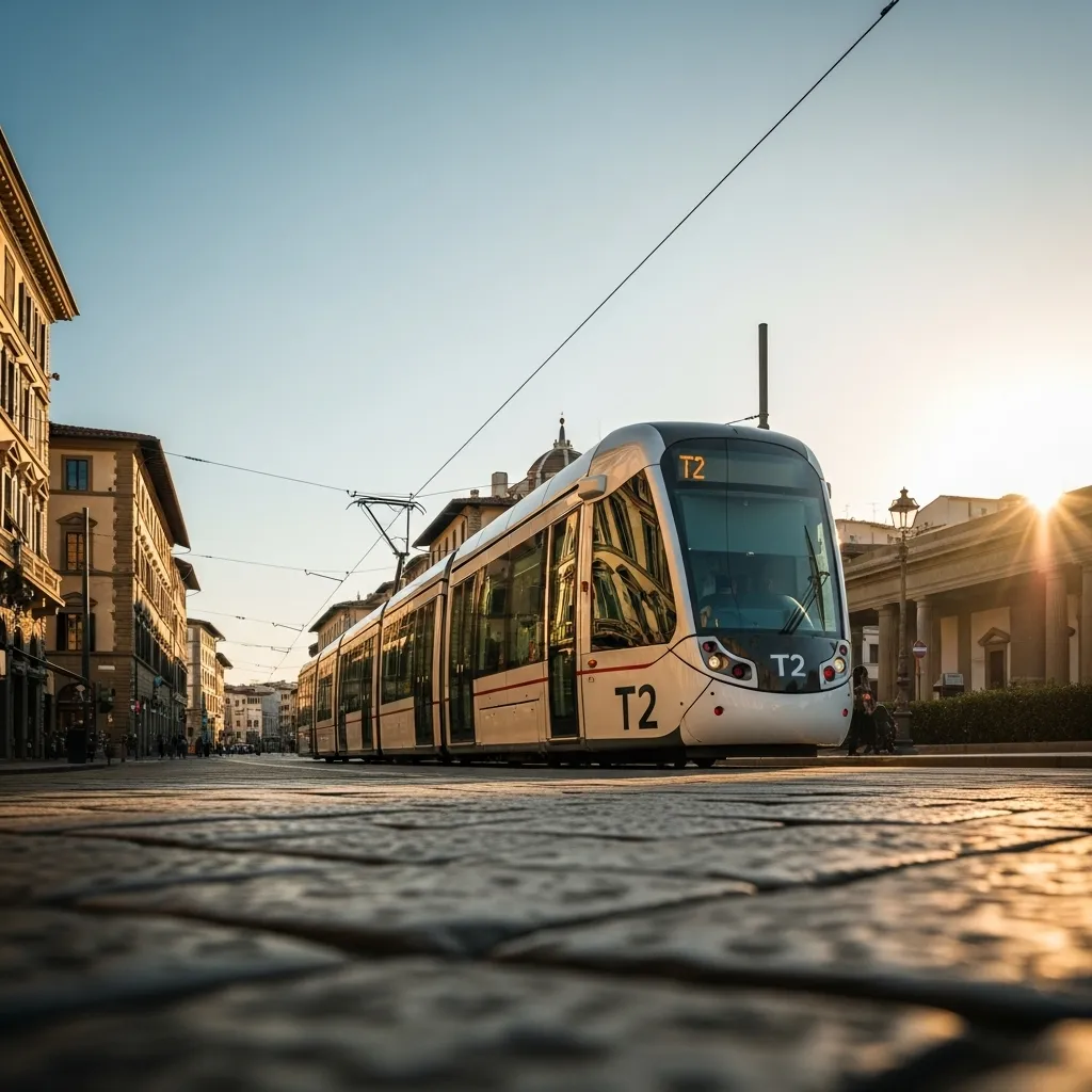 The T2 tram links Amerigo Vespucci (Peretola) Airport to Santa Maria Novella in about 20 minutes; you can tap a contactless card on board or buy tickets at stop machines.